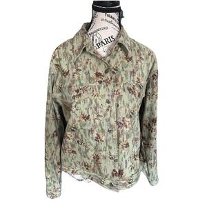 Women's Christopher & Banks Leaf Print Jacket Size S Green Brown Stretch Camo